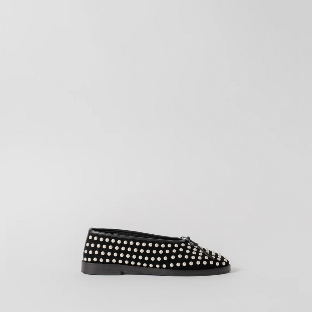 THE COCO FLATS BLACK SUEDE AND PEARLS