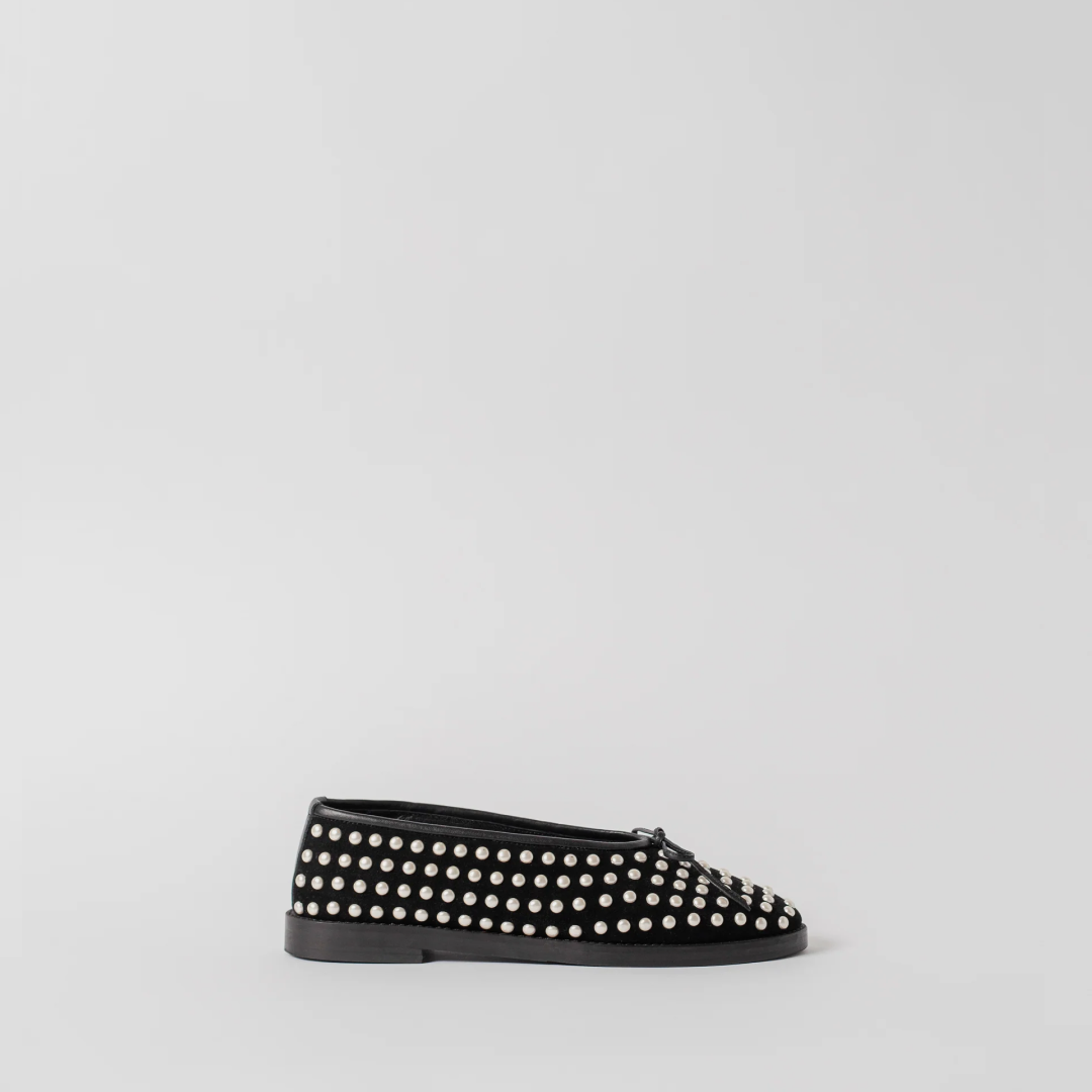 THE COCO FLATS BLACK SUEDE AND PEARLS